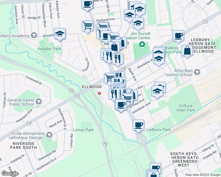map of restaurants, bars, coffee shops, grocery stores, and more near in Ottawa