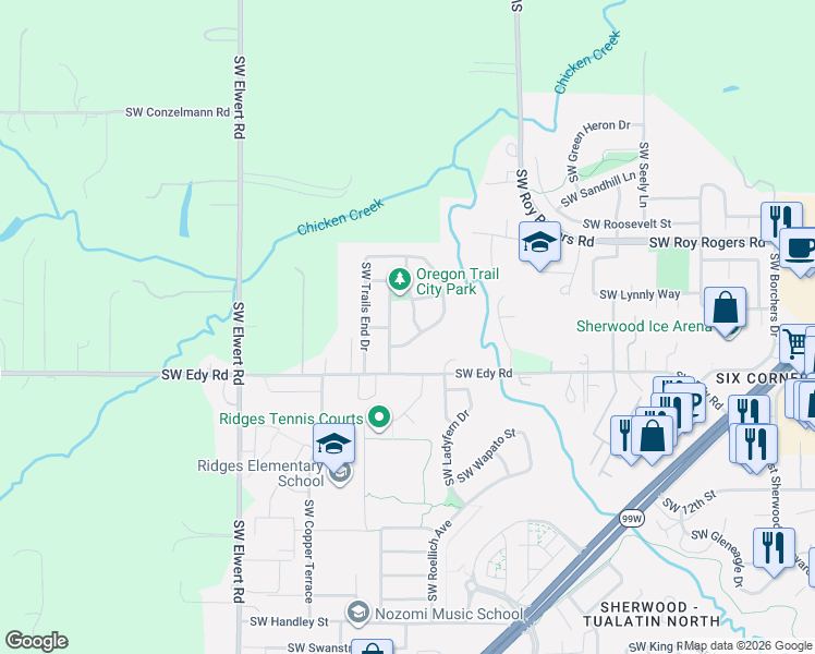 map of restaurants, bars, coffee shops, grocery stores, and more near 20775 Southwest Santa Fe Terrace in Sherwood