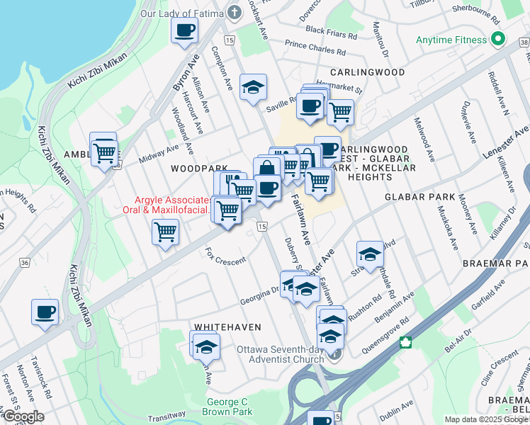 map of restaurants, bars, coffee shops, grocery stores, and more near 2240 Carling Avenue in Ottawa