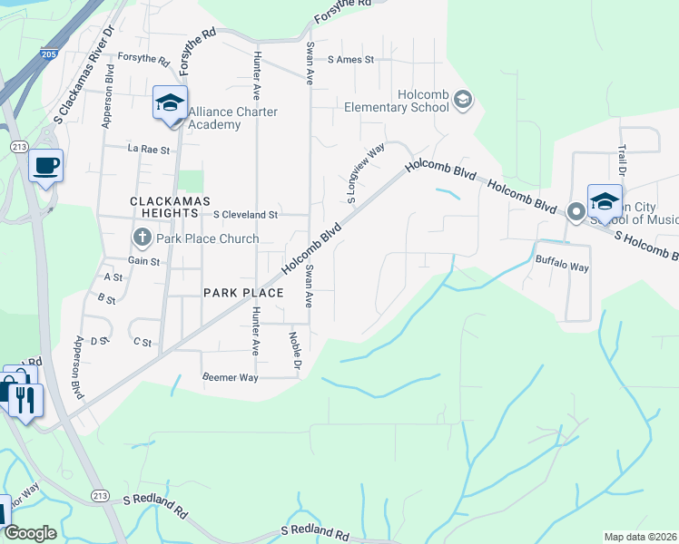 map of restaurants, bars, coffee shops, grocery stores, and more near 16428 Wayne Drive in Oregon City