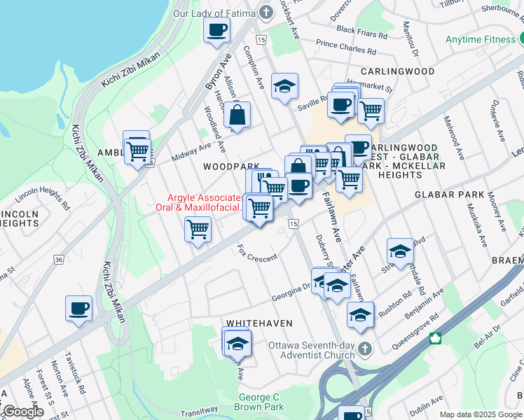 map of restaurants, bars, coffee shops, grocery stores, and more near 2240 Carling Avenue in Ottawa