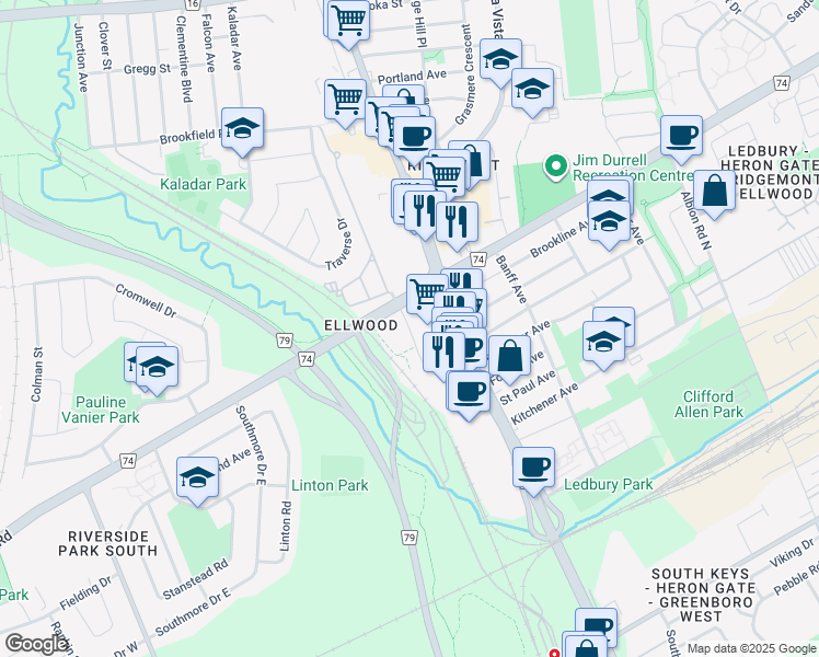 map of restaurants, bars, coffee shops, grocery stores, and more near Anand Private in Ottawa