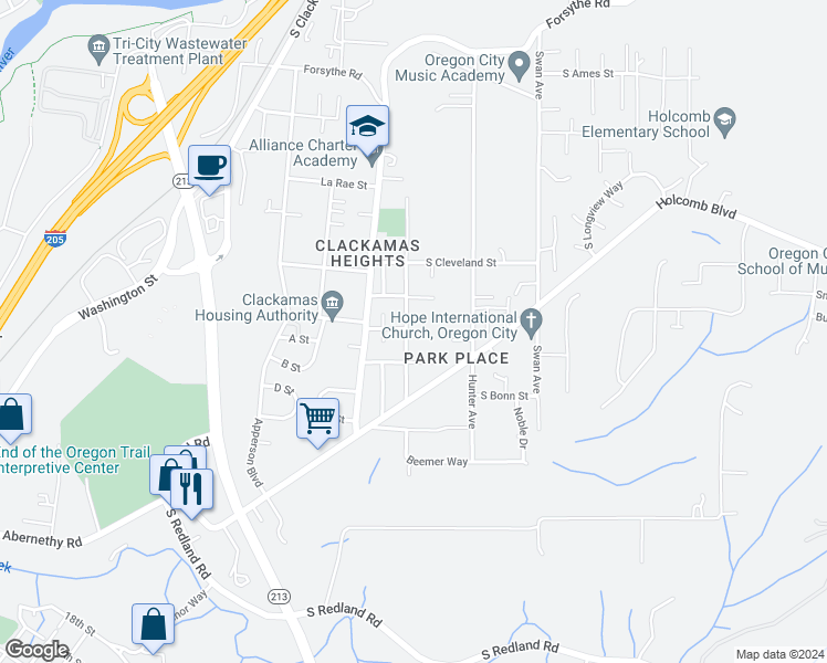map of restaurants, bars, coffee shops, grocery stores, and more near 16362 Hiram Avenue in Oregon City