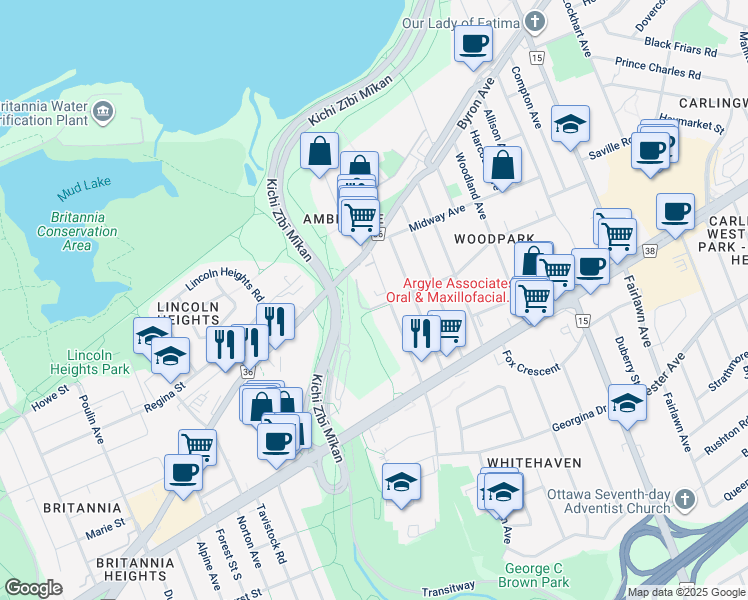 map of restaurants, bars, coffee shops, grocery stores, and more near 68 Mayflower Private in Ottawa
