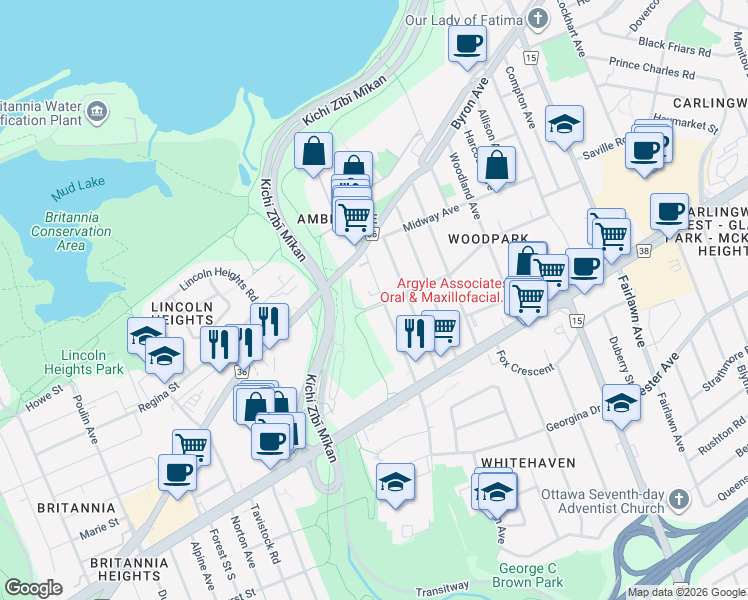 map of restaurants, bars, coffee shops, grocery stores, and more near 64 Mayflower Private in Ottawa
