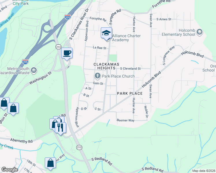 map of restaurants, bars, coffee shops, grocery stores, and more near 14042 Gain Street in Oregon City