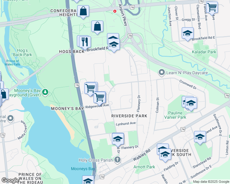 map of restaurants, bars, coffee shops, grocery stores, and more near 790 Springland Drive in Ottawa