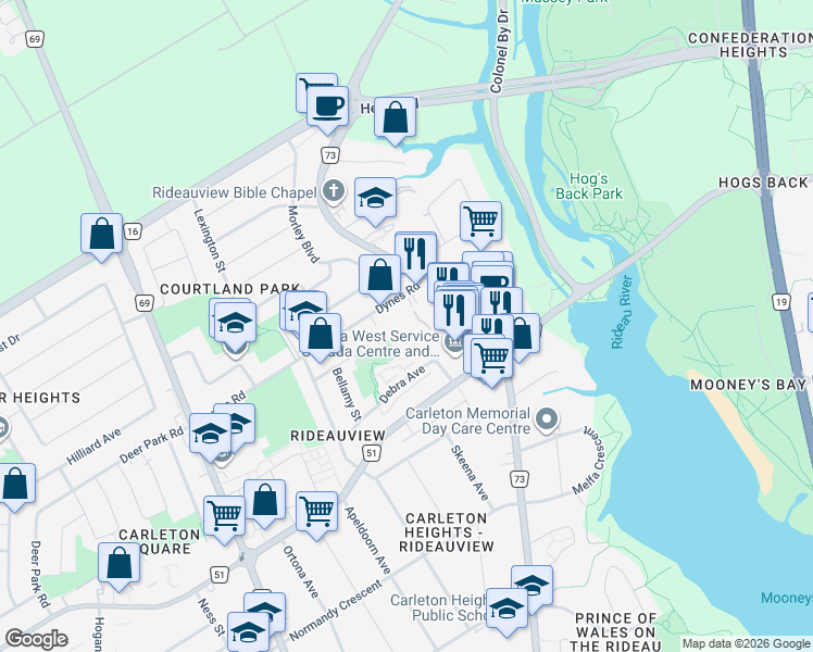 map of restaurants, bars, coffee shops, grocery stores, and more near 52 Dynes Road in Ottawa