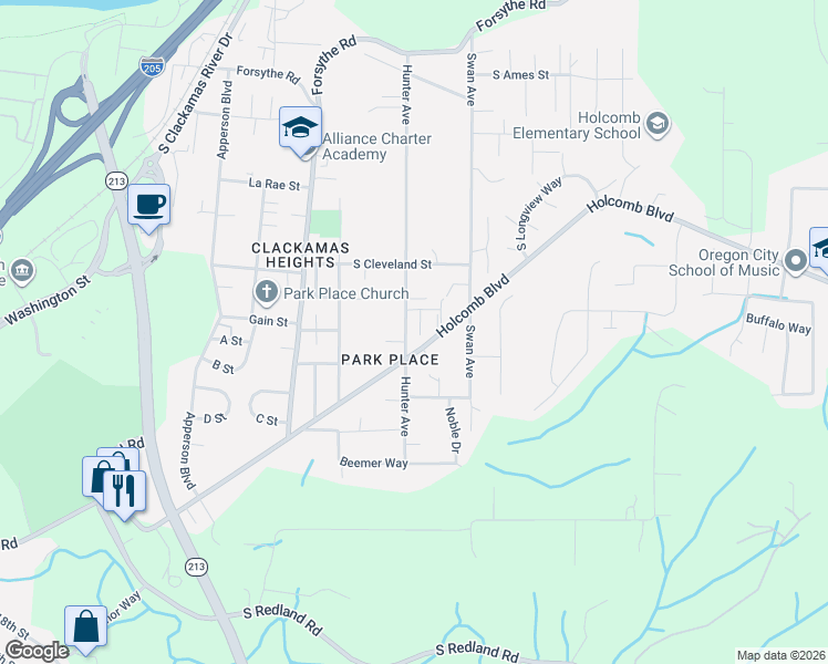 map of restaurants, bars, coffee shops, grocery stores, and more near in Oregon City