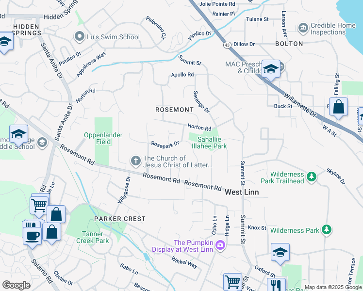 map of restaurants, bars, coffee shops, grocery stores, and more near 4070 Rosepark Drive in West Linn