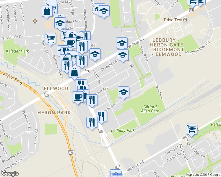 map of restaurants, bars, coffee shops, grocery stores, and more near 1282 Vancouver Avenue in Ottawa