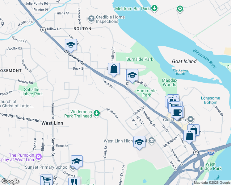 map of restaurants, bars, coffee shops, grocery stores, and more near 5980 West A Street in West Linn