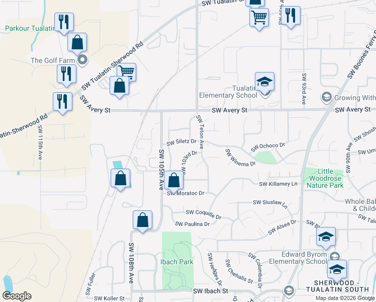 map of restaurants, bars, coffee shops, grocery stores, and more near 20860 Southwest 103rd Drive in Tualatin