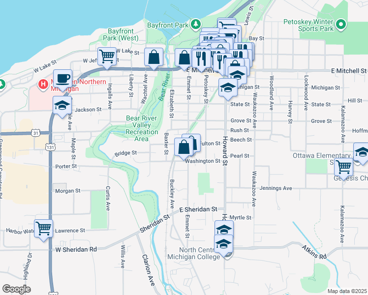 map of restaurants, bars, coffee shops, grocery stores, and more near 911 Emmet Street in Petoskey