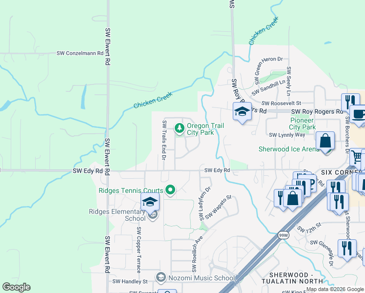 map of restaurants, bars, coffee shops, grocery stores, and more near 20786 Southwest Santa Fe Terrace in Sherwood