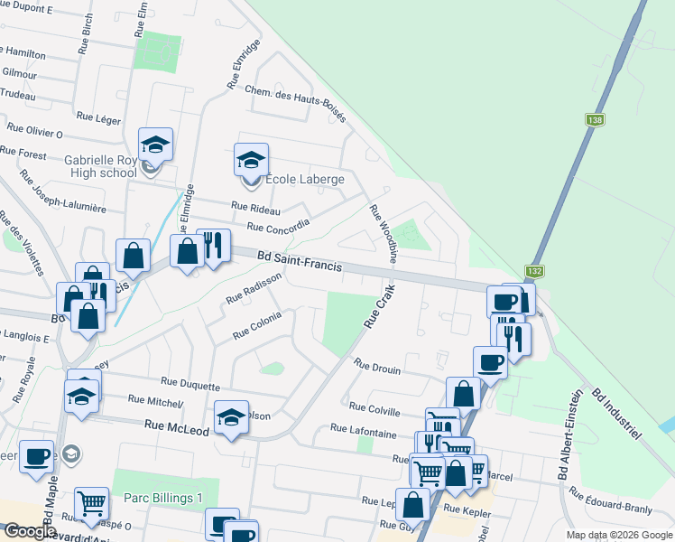 map of restaurants, bars, coffee shops, grocery stores, and more near 336 Boulevard Saint-Francis in Châteauguay