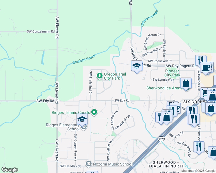 map of restaurants, bars, coffee shops, grocery stores, and more near 17765 Southwest Nels Drive in Sherwood