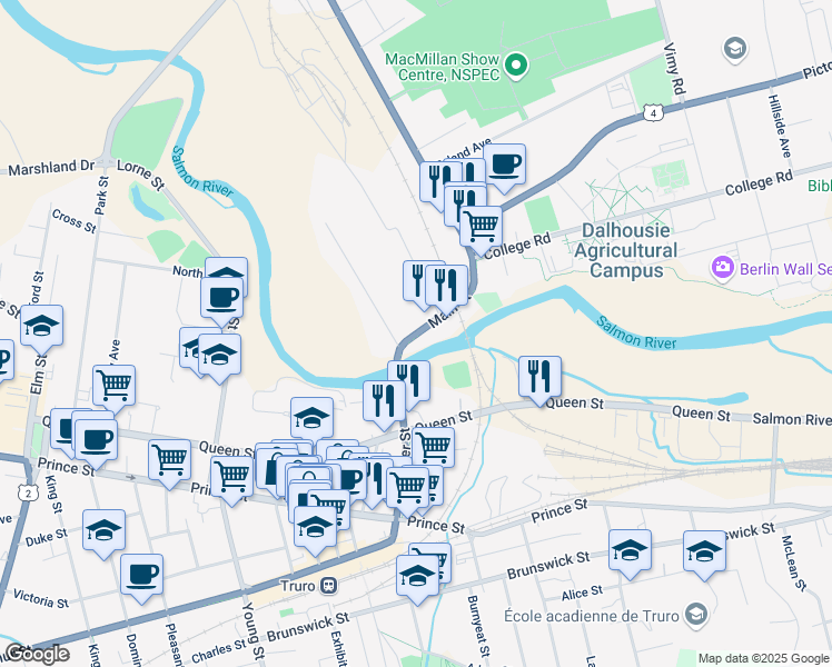 map of restaurants, bars, coffee shops, grocery stores, and more near 25 Main Street in Bible Hill