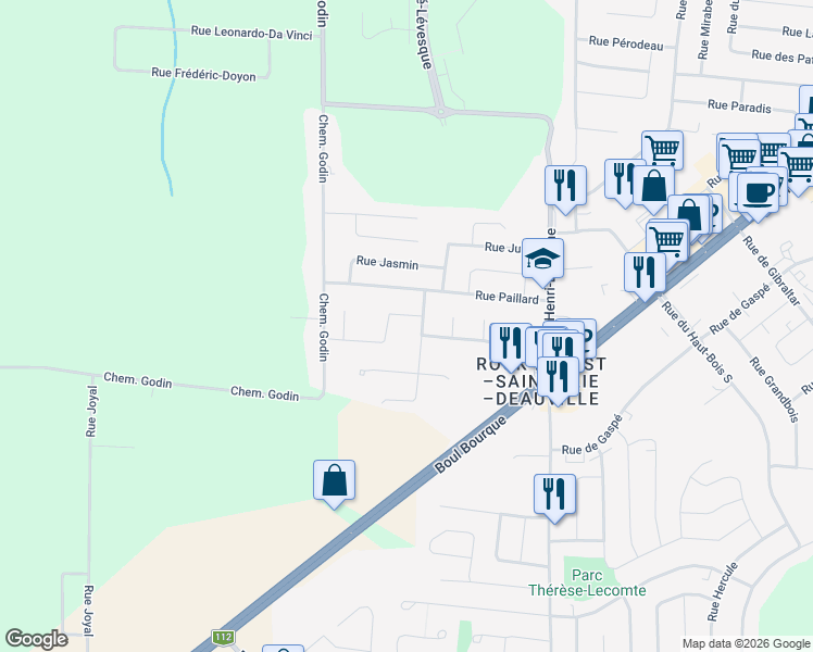 map of restaurants, bars, coffee shops, grocery stores, and more near Chemin de Saint-Élie in Sherbrooke