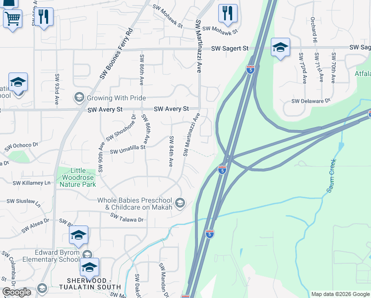 map of restaurants, bars, coffee shops, grocery stores, and more near 20899 Southwest Martinazzi Avenue in Tualatin