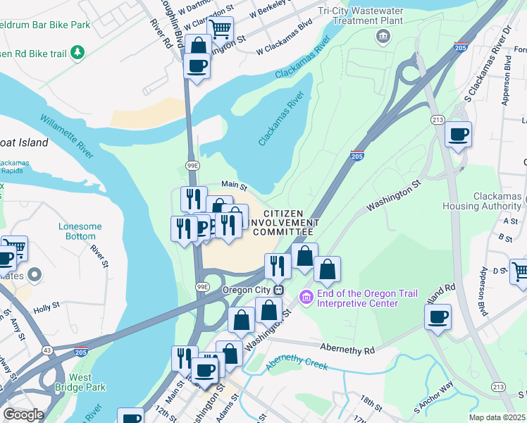 map of restaurants, bars, coffee shops, grocery stores, and more near 1913 Main Street in Oregon City