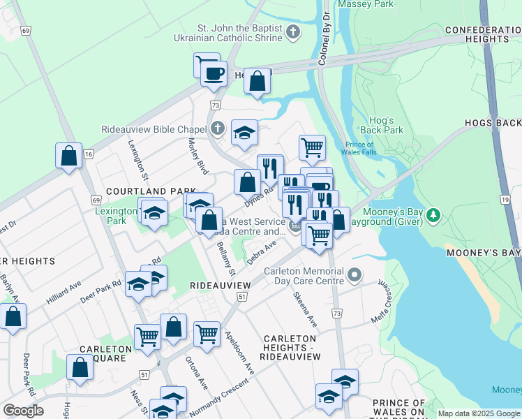 map of restaurants, bars, coffee shops, grocery stores, and more near 920 Dynes Road in Ottawa