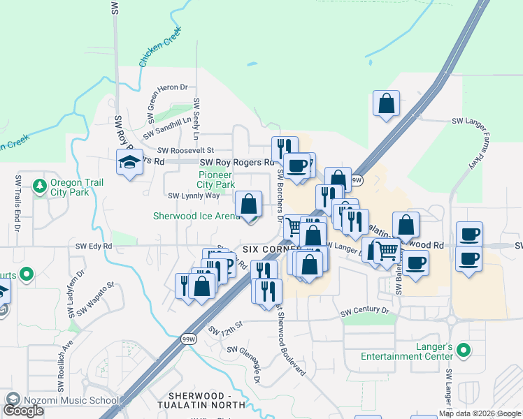 map of restaurants, bars, coffee shops, grocery stores, and more near 16656 Southwest Daffodil Street in Sherwood