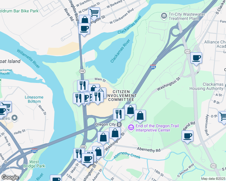map of restaurants, bars, coffee shops, grocery stores, and more near 1937 Main Street in Oregon City