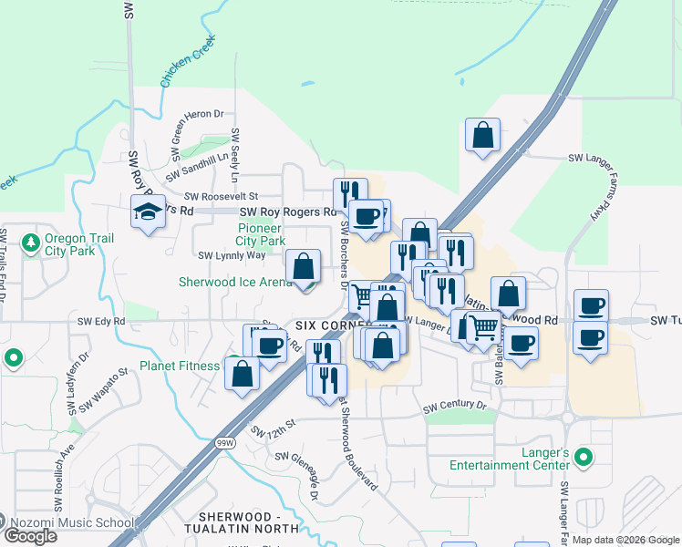 map of restaurants, bars, coffee shops, grocery stores, and more near 16518 Southwest Daffodil Street in Sherwood