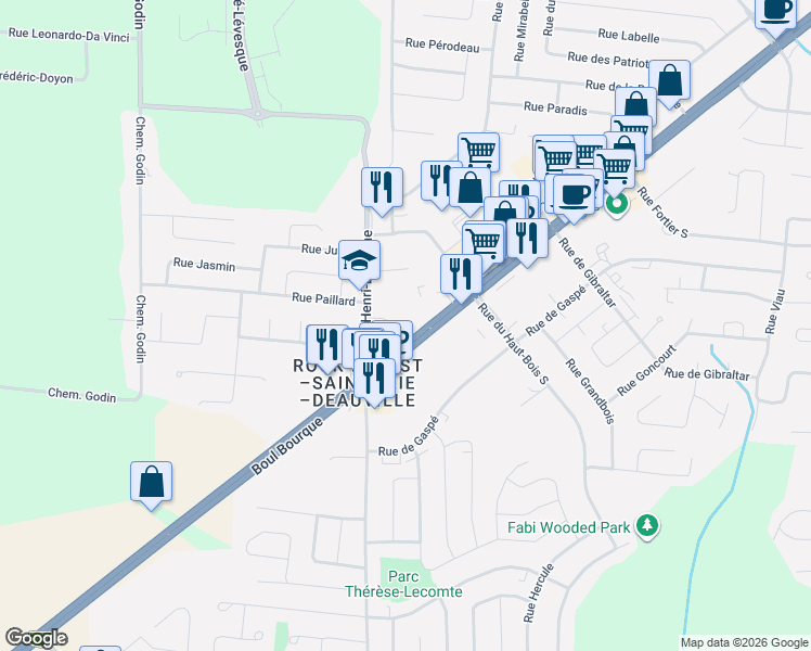 map of restaurants, bars, coffee shops, grocery stores, and more near 5087 Boulevard Bourque in Sherbrooke