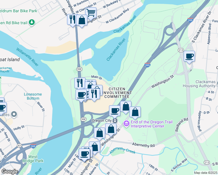 map of restaurants, bars, coffee shops, grocery stores, and more near 1913 Main Street in Oregon City