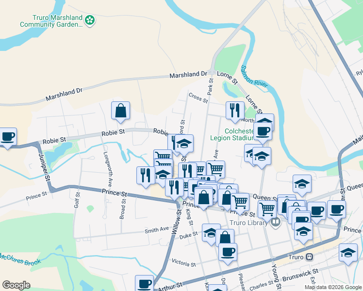 map of restaurants, bars, coffee shops, grocery stores, and more near 502 Robie Street in Truro