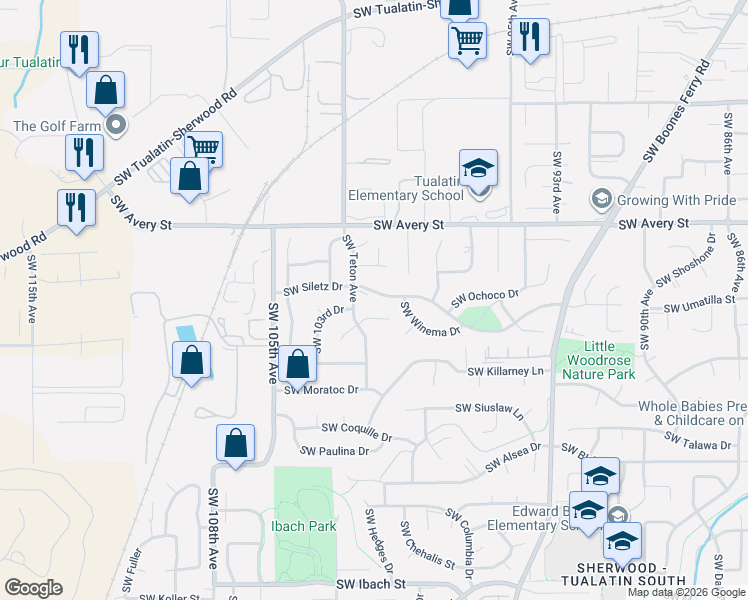 map of restaurants, bars, coffee shops, grocery stores, and more near 10170 Southwest Siletz Drive in Tualatin