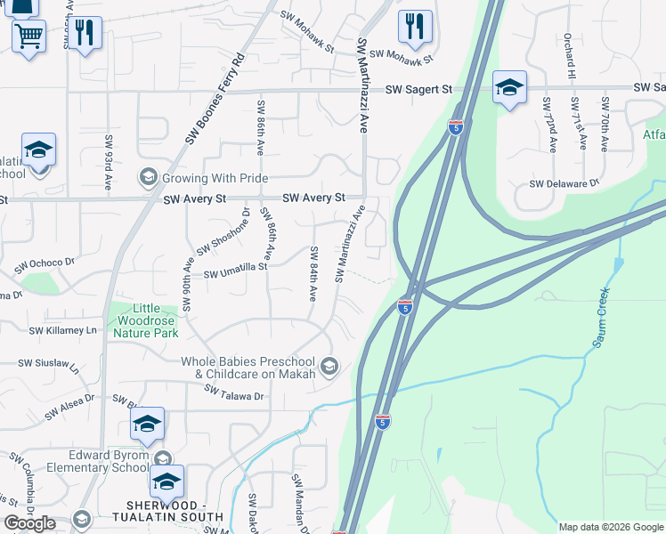 map of restaurants, bars, coffee shops, grocery stores, and more near 20899 Southwest Martinazzi Avenue in Tualatin