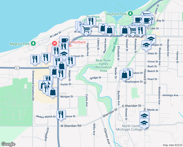 map of restaurants, bars, coffee shops, grocery stores, and more near 11 Bridge Street in Petoskey