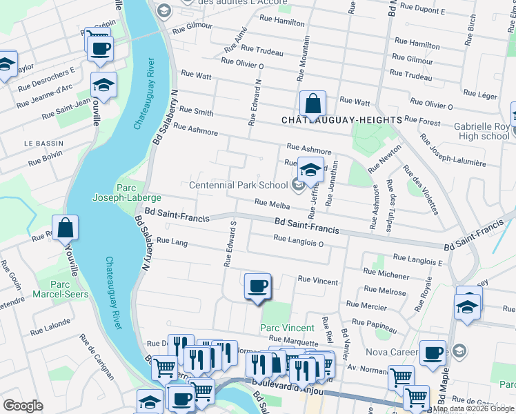 map of restaurants, bars, coffee shops, grocery stores, and more near 48 Rue Melba in Châteauguay
