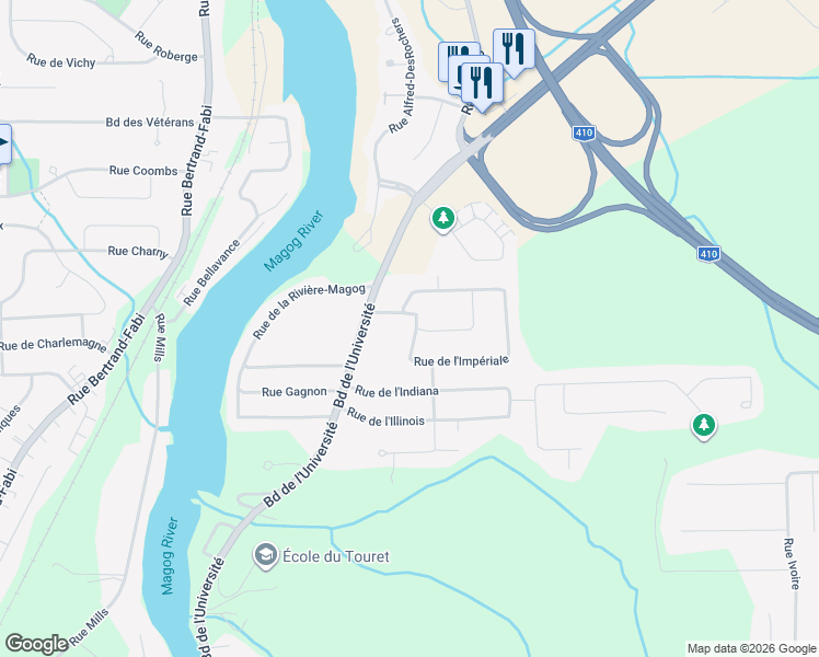 map of restaurants, bars, coffee shops, grocery stores, and more near 3673 Rue de l'Impériale in Sherbrooke