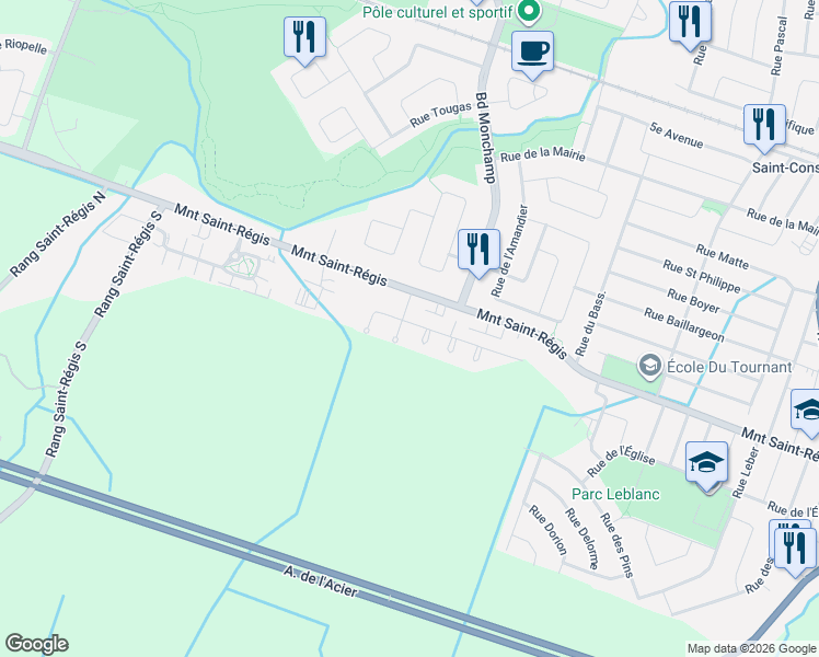 map of restaurants, bars, coffee shops, grocery stores, and more near 214 Rue du Genévrier in Saint-Constant