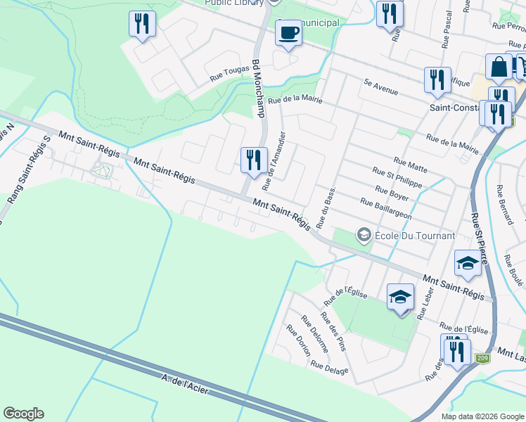 map of restaurants, bars, coffee shops, grocery stores, and more near 140 Montée Saint-Régis in Saint-Constant