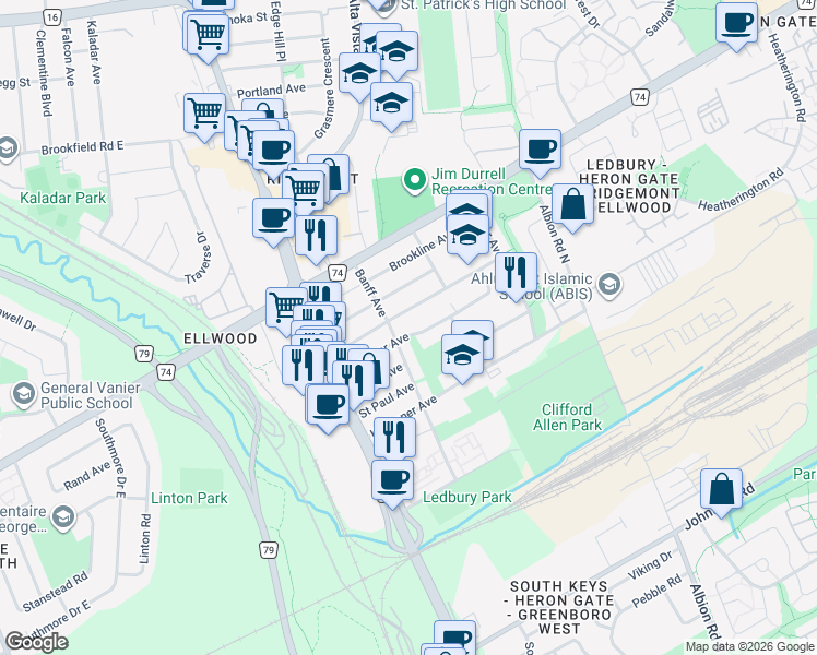 map of restaurants, bars, coffee shops, grocery stores, and more near 1275 Vancouver Avenue in Ottawa