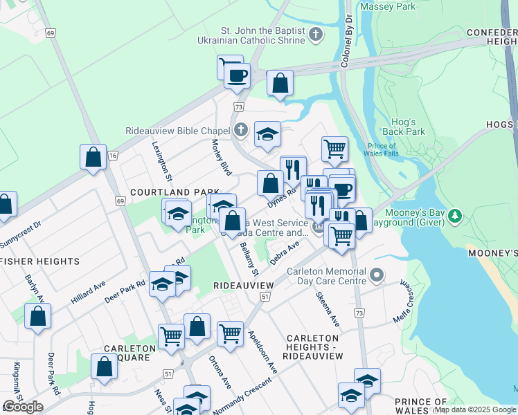 map of restaurants, bars, coffee shops, grocery stores, and more near 837 Dynes Road in Ottawa
