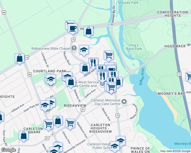 map of restaurants, bars, coffee shops, grocery stores, and more near 52 Dynes Road in Ottawa