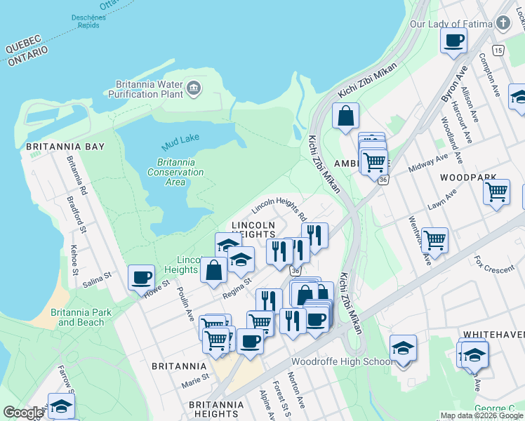 map of restaurants, bars, coffee shops, grocery stores, and more near 230 Lincoln Heights Road in Ottawa