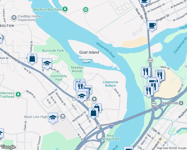map of restaurants, bars, coffee shops, grocery stores, and more near 5720 River Street in West Linn