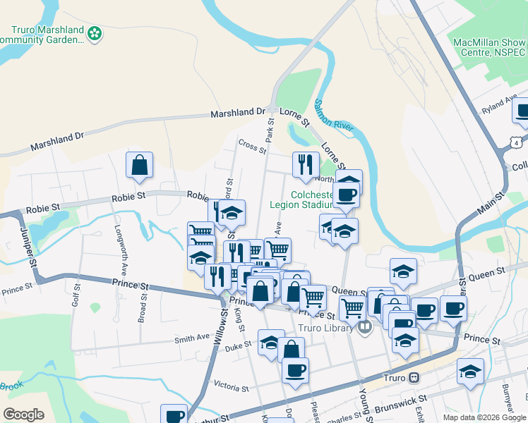 map of restaurants, bars, coffee shops, grocery stores, and more near 71 Park Street in Truro