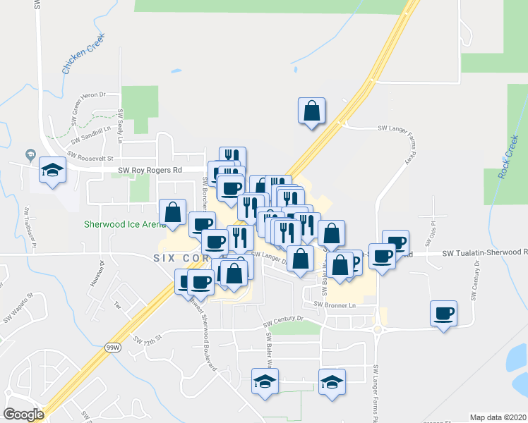 map of restaurants, bars, coffee shops, grocery stores, and more near 16030 Southwest Tualatin Sherwood Road in Sherwood
