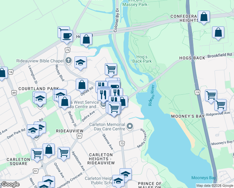 map of restaurants, bars, coffee shops, grocery stores, and more near 1435 Prince of Wales Drive in Ottawa