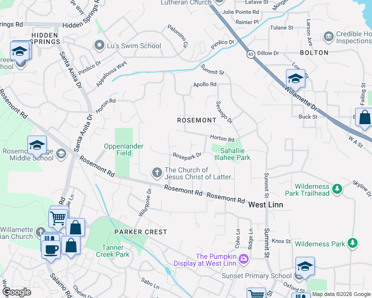 map of restaurants, bars, coffee shops, grocery stores, and more near 21473 Rosepark Court in West Linn