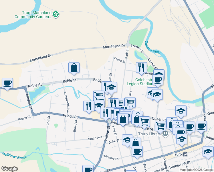 map of restaurants, bars, coffee shops, grocery stores, and more near 494 Robie Street in Truro