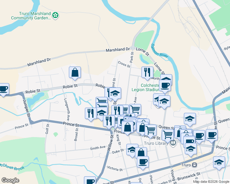 map of restaurants, bars, coffee shops, grocery stores, and more near 503 Robie Street in Truro